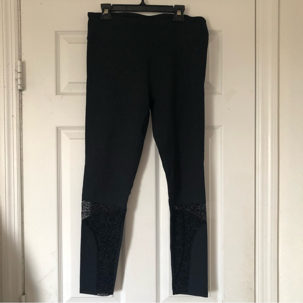 Fabletics Black Leggings with Sheer Rose Cutouts